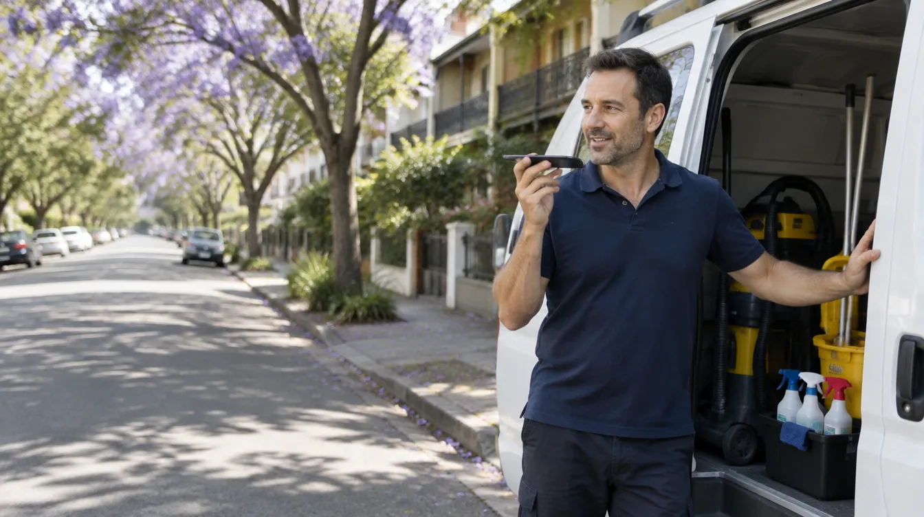 A cleaning business owner speaking a voice note into his phone beside his van on a leafy Sydney street
