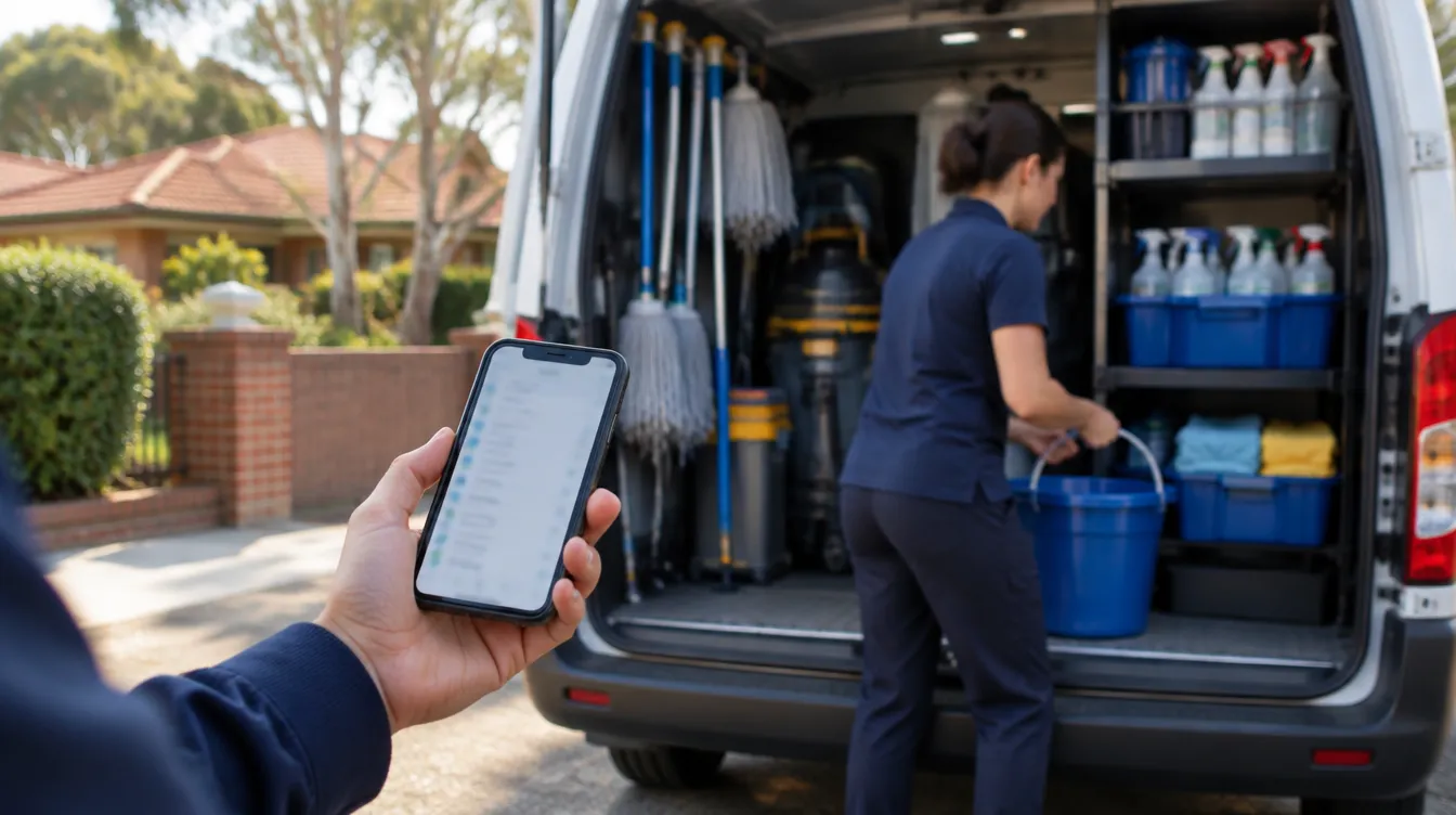A cleaner checking the day's jobs on a phone while a second cleaner unloads a van in a suburban driveway
