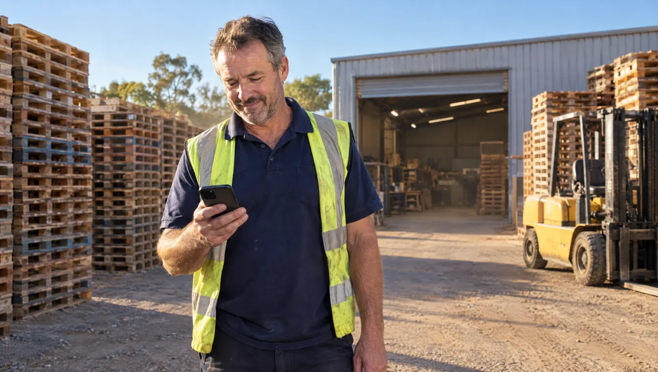 A pallet yard owner smiling at his phone, tall stacks of timber pallets and a forklift behind him