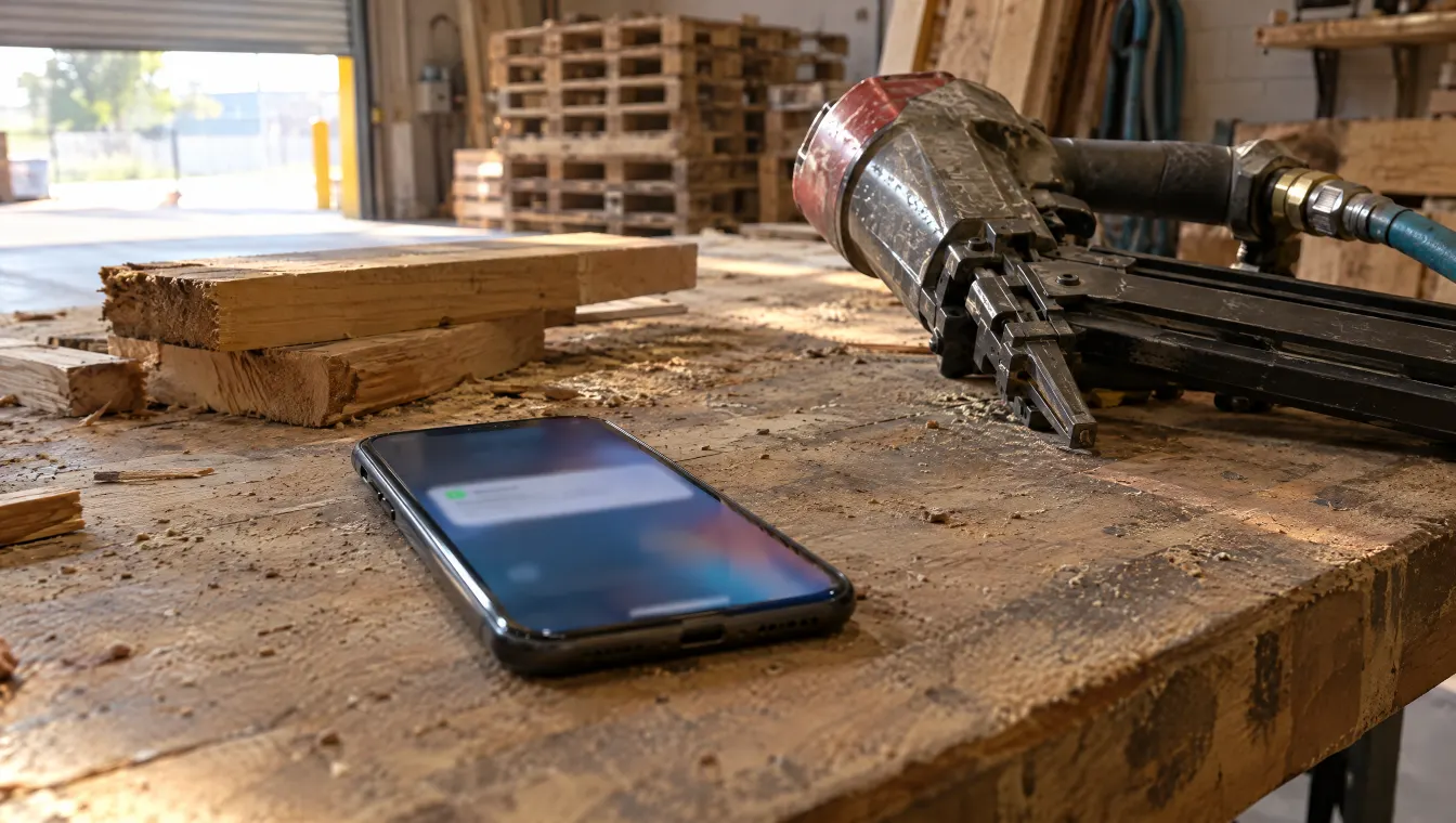 A phone lighting up with a new message on a workbench in a pallet repair workshop