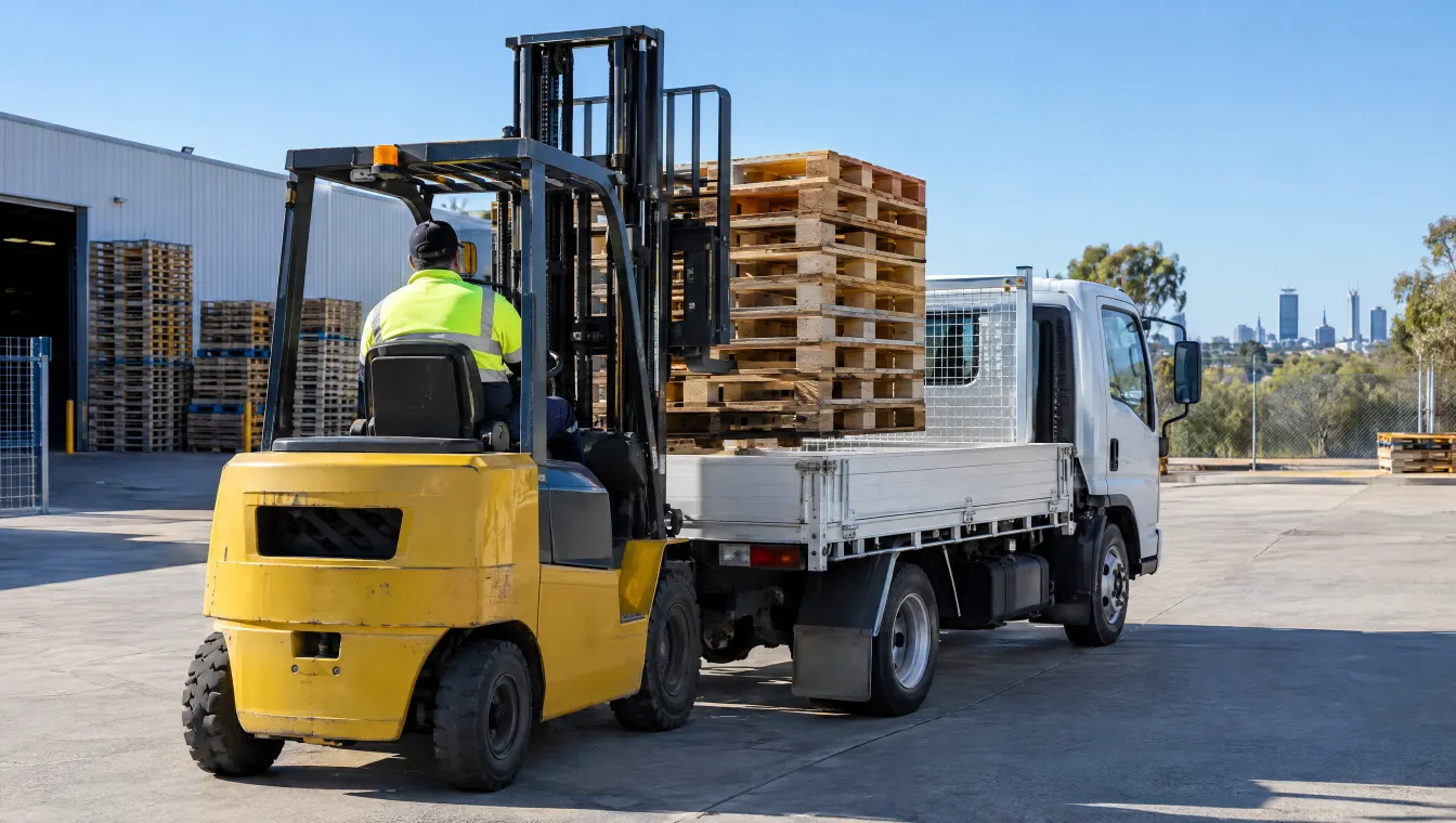 A forklift loading stacks of pallets onto a small flatbed truck in a Perth industrial estate