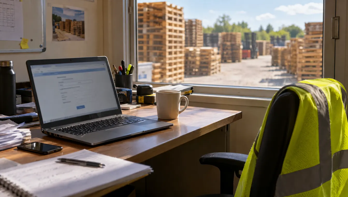A laptop with a quote request form open on a desk in a pallet yard office