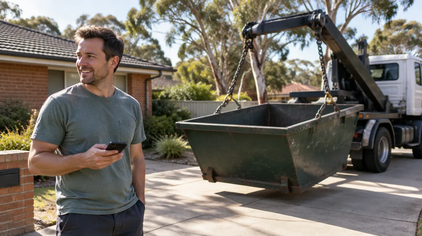 A homeowner holding his phone while a hook-lift truck lowers a skip bin onto his driveway