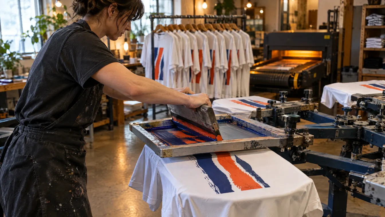 A printer pulling a squeegee across a screen on a carousel press, racks of printed shirts behind