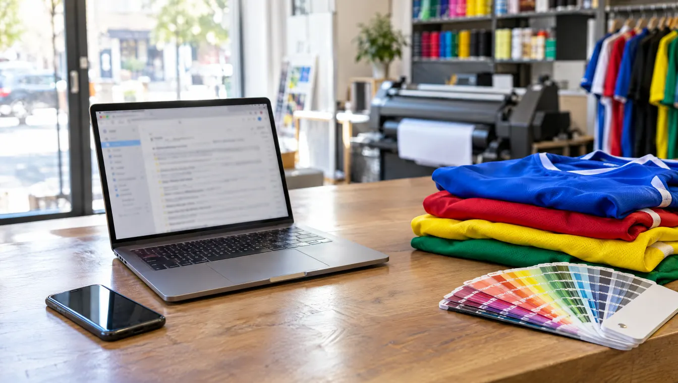A laptop and phone on a print shop counter next to folded team jerseys and colour swatches