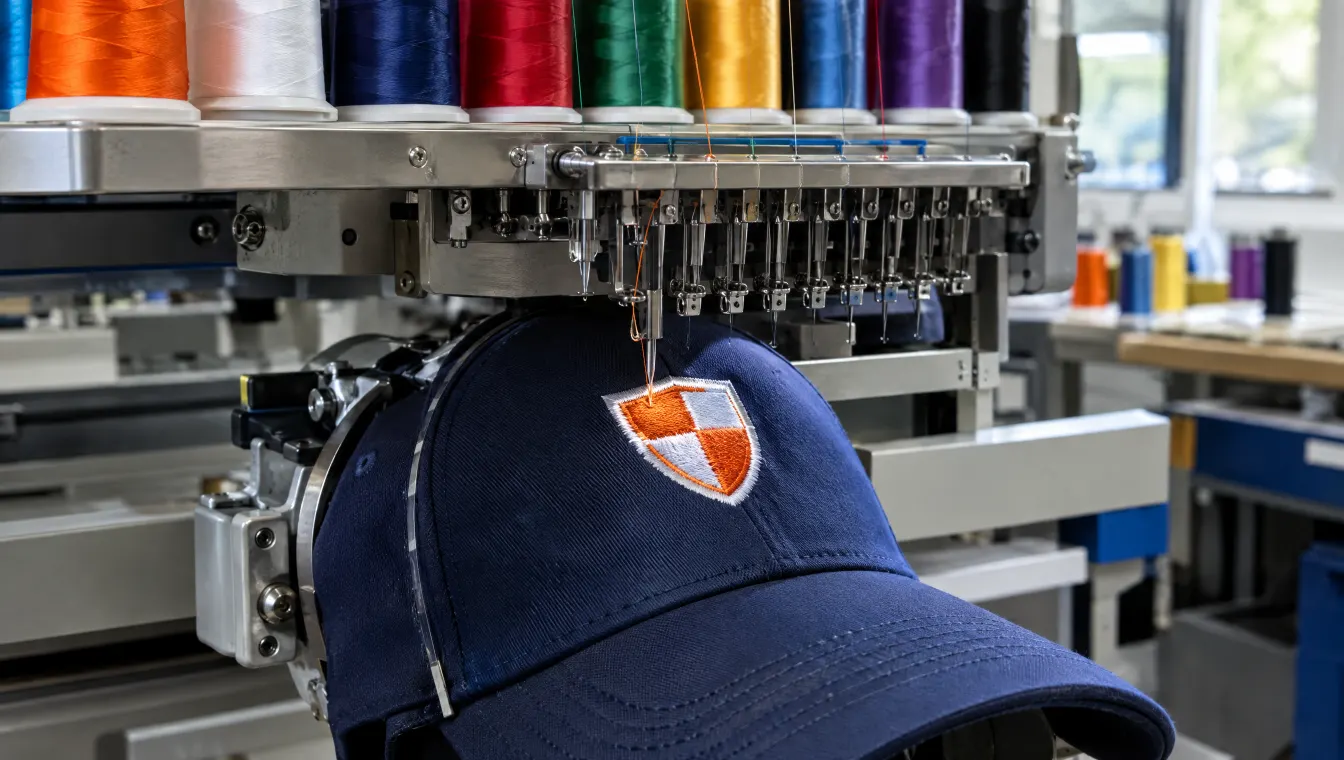 An embroidery machine stitching an emblem onto a navy cap