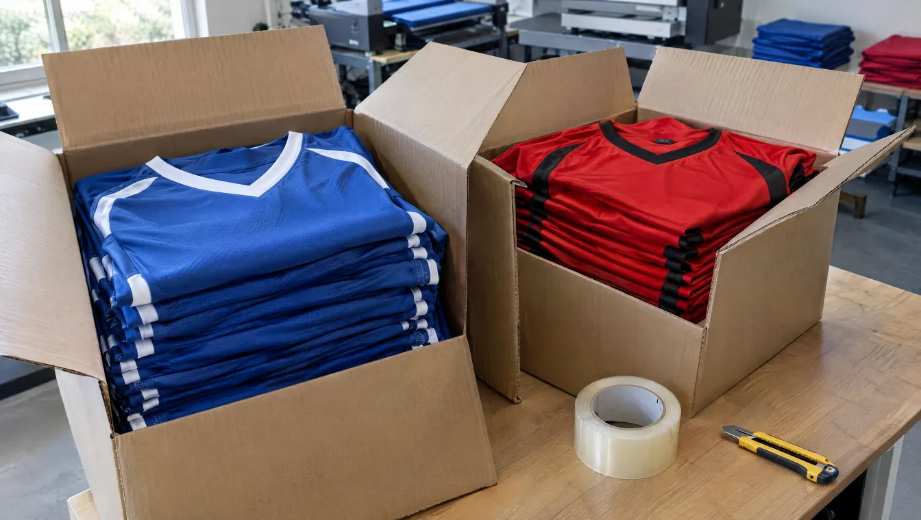 Folded printed sports jerseys packed in boxes ready for pickup