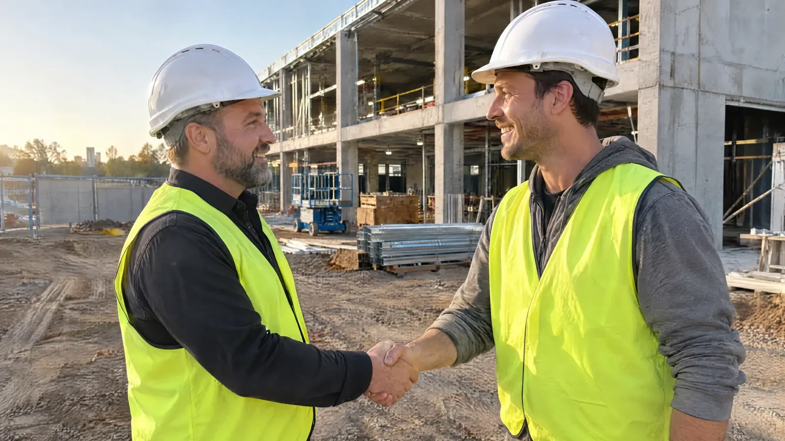 A security installer shaking hands with a builder on a construction site