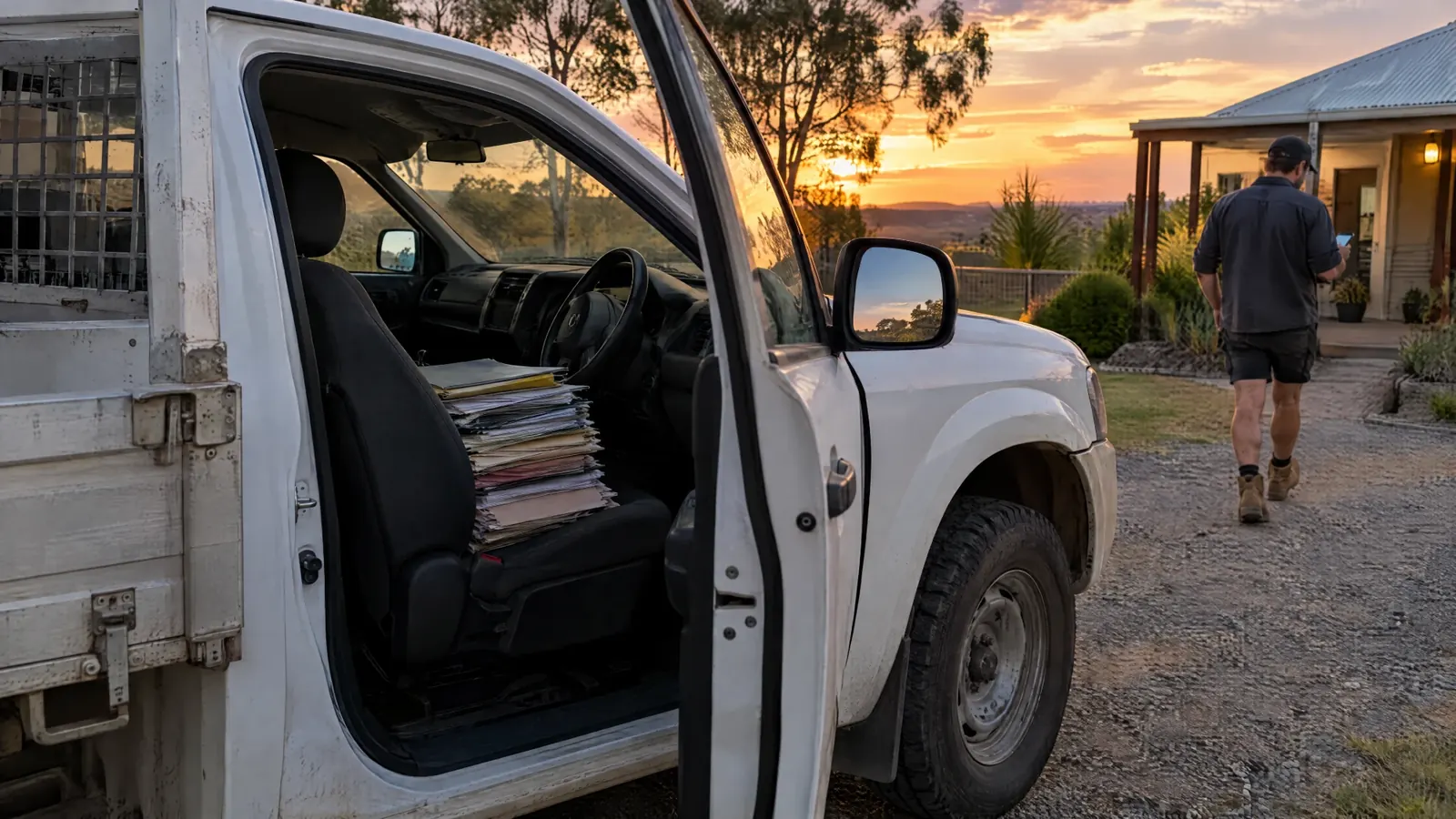 A stack of paper folders left on the seat of a work ute while the owner walks home at sunset