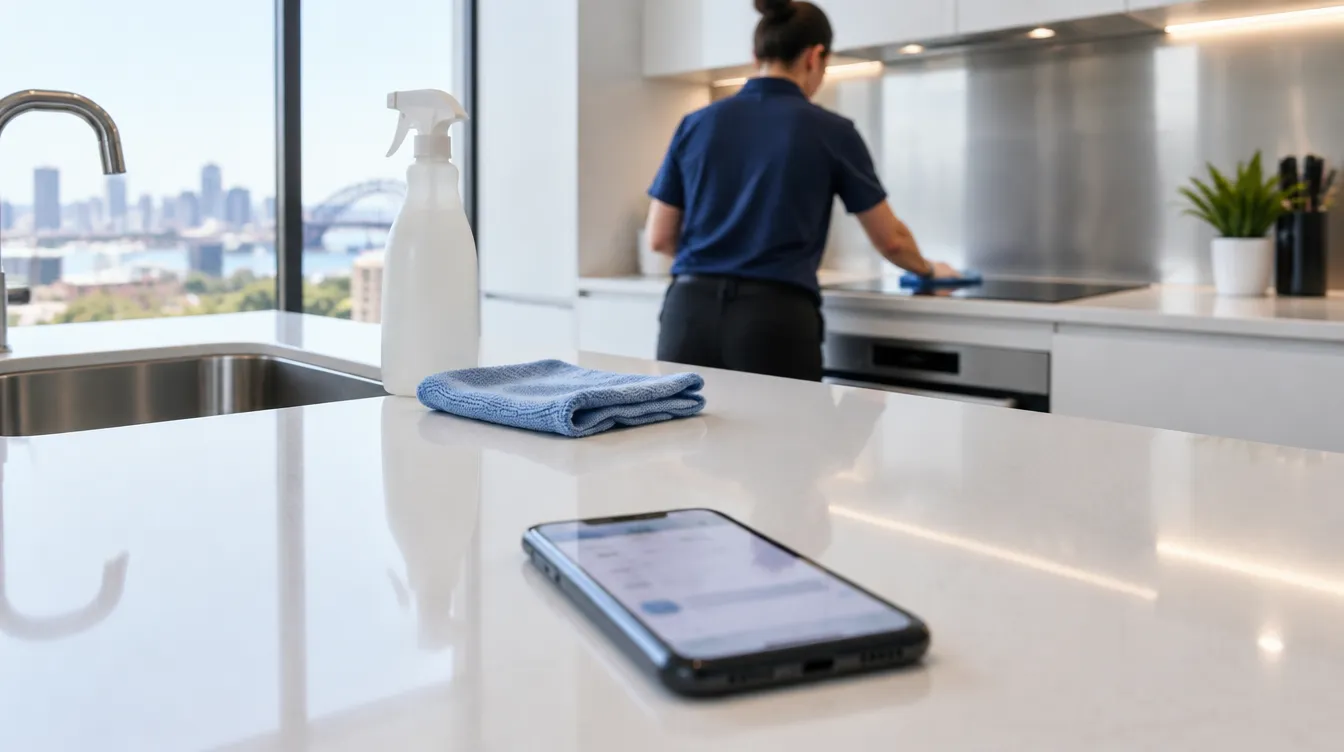 A phone on a spotless kitchen benchtop while a cleaner wipes the cooktop behind it