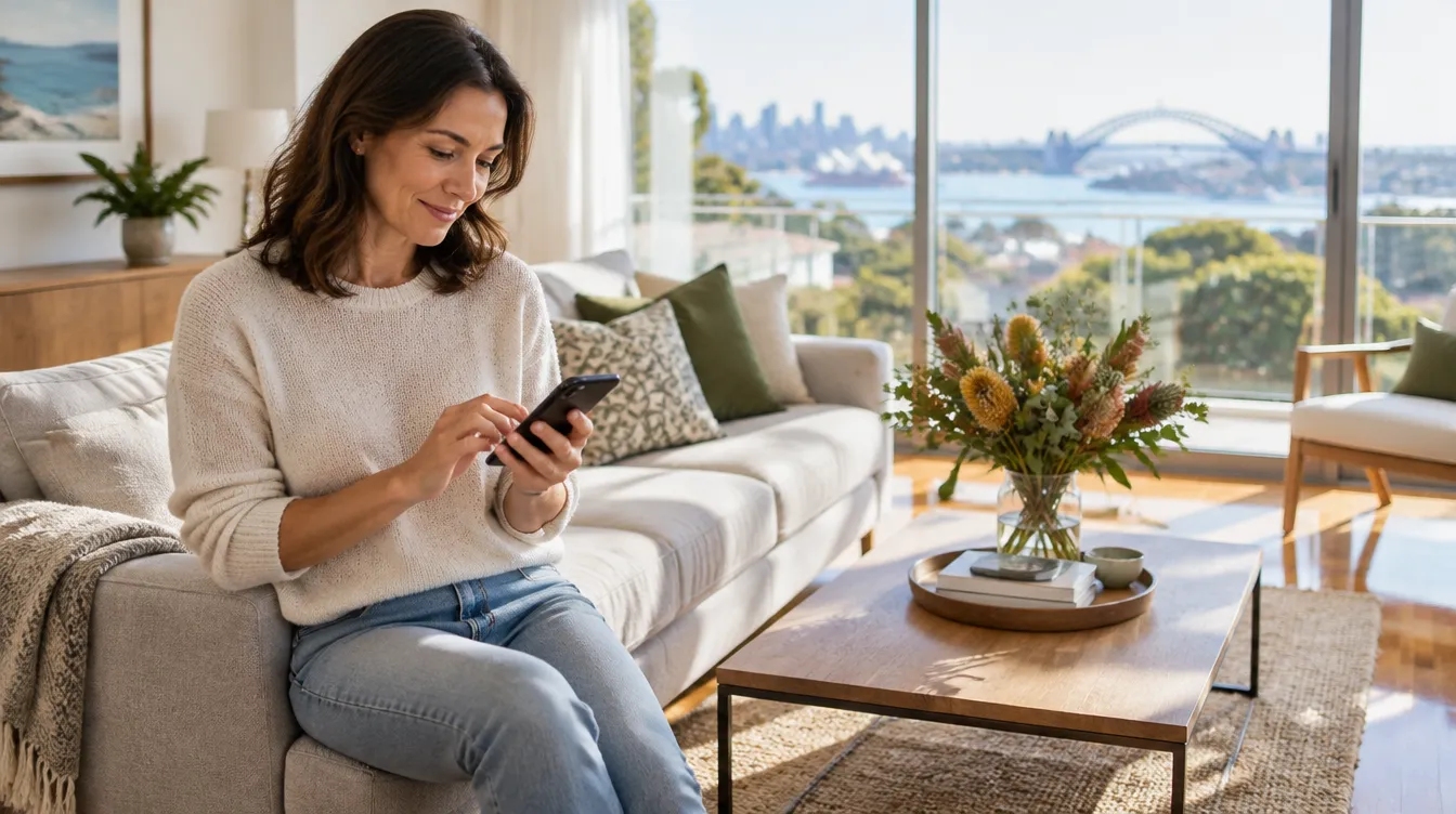 A homeowner in a freshly cleaned living room tapping her phone to pay