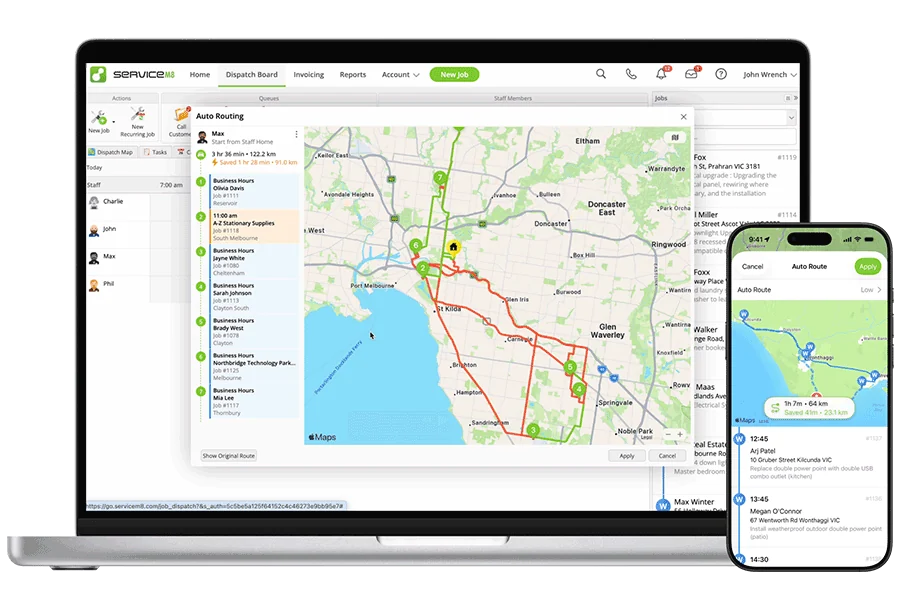 ServiceM8 dispatch board with a route map on a laptop and iPhone