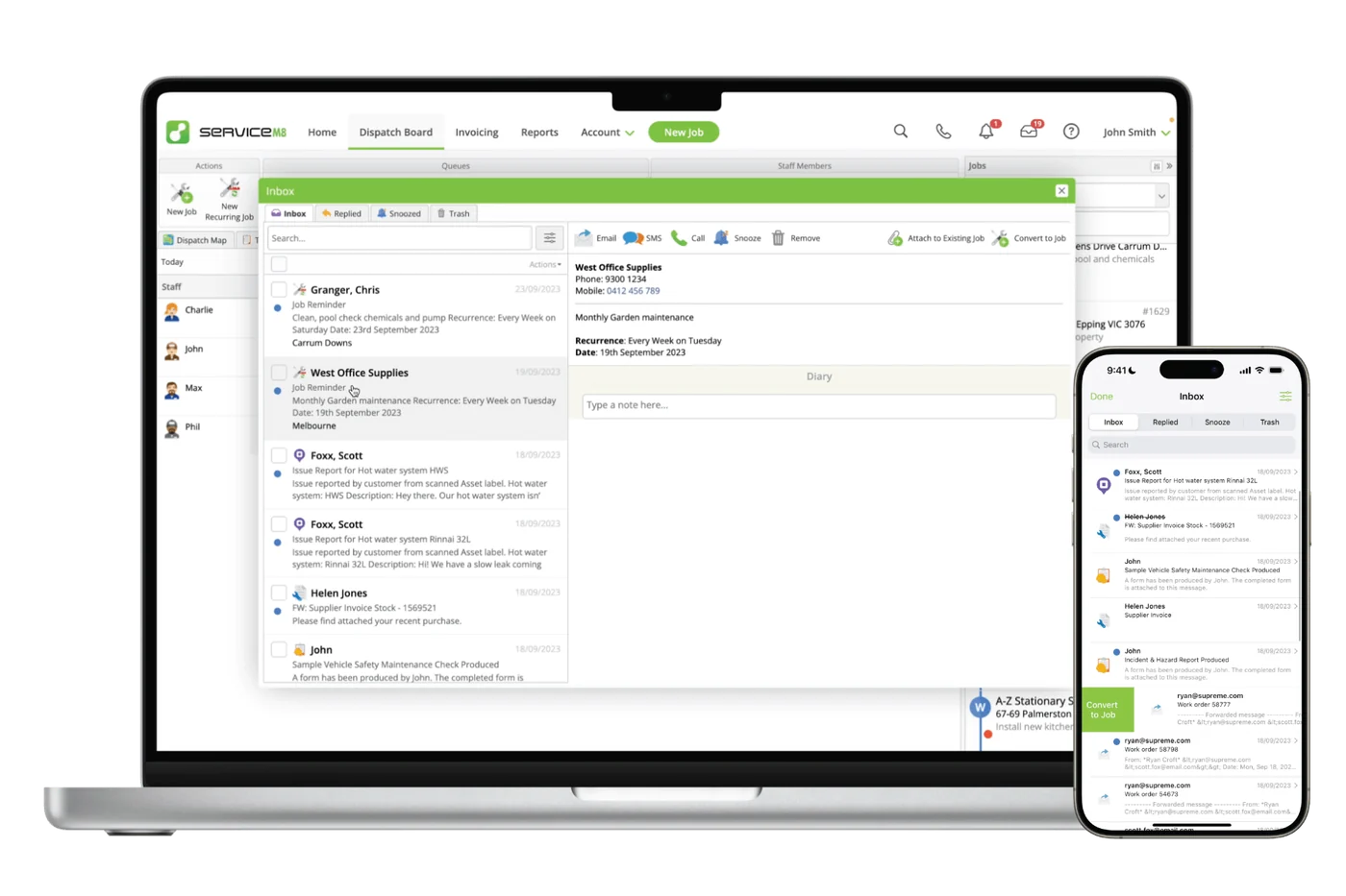 ServiceM8 Inbox on a laptop and on iPhone