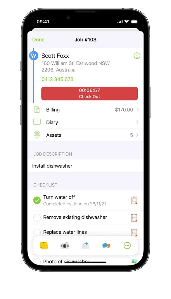 A ServiceM8 job card on iPhone with checklist and photos
