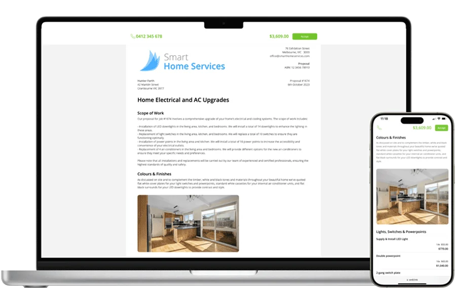 A ServiceM8 proposal with options and photos on a laptop and iPhone