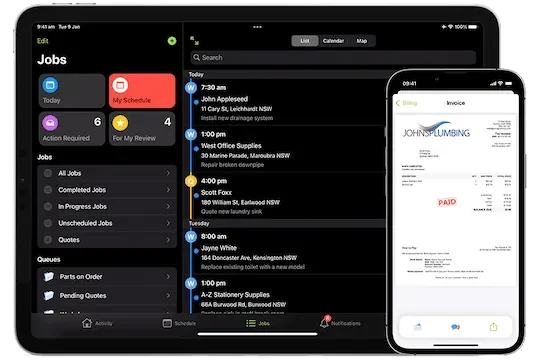 ServiceM8 schedule on iPad and an invoice on iPhone